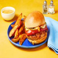 Sweet & Spicy Thai Turkey Burgers with Pickles, Roasted Bell Pepper, Potato Wedges & Chili Aioli_image