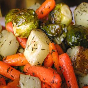 Thyme and Garlic Roasted Potatoes, Brussels Sprouts and Carrots image