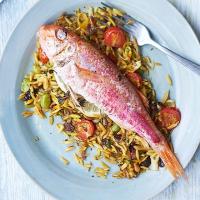 Red mullet with saffron baked orzo & broad beans_image