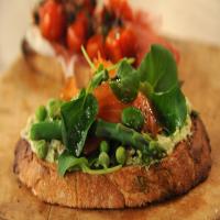 Tartine with Spring Vegetables, Smoked Salmon, Ricotta, and Basil Oil image