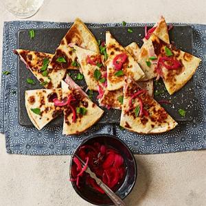 Christmas ham quesadilla with sweet pickled onions image