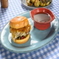 French Dip Cheeseburgers on Brioche Rolls with Crispy, Buttery Crushed Potatoes image