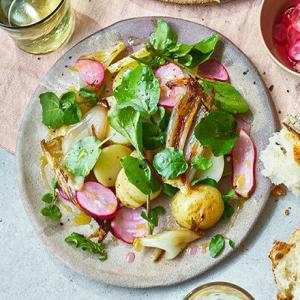 Watercress salad with boiled Jersey Royals, roast shallots & pickled radish image