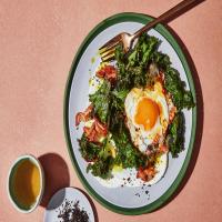 Turmeric Eggs with Kale, Yogurt, and Bacon image