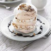 Hazelnut meringues with hazelnut praline & chocolate sauce image
