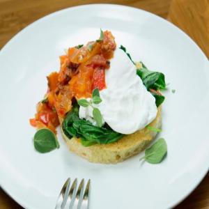 Poached Eggs, Wilted Spinach and Pullman Loaf Toast with Bacon, Onion and Tomato Jam_image