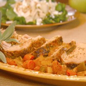 Slow-Cooker Parmesan-Sage Pork Loin and Watercress Salad with Sliced Pears, Goat Cheese and Toasted Pine Nuts_image