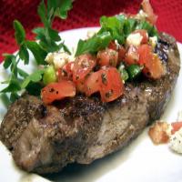 Balsamic Marinated Steaks With Gorgonzola /Tomato Topping image