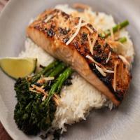 Sake and Miso Marinated Salmon with Coconut Rice and Broccolini image