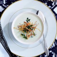 Leek Soup with Shoestring Potatoes and Fried Herbs image