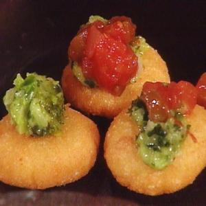 Corn Fritters with Herb Salsa and Fresh Cheese: Arepitas with Chimichurri and Queso Fresco image