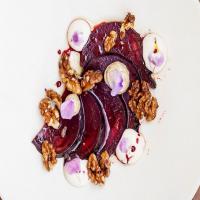 Salt-baked beetroot, smoked aubergine, goat's cheese and walnuts_image