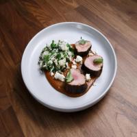 Spice-Rubbed Pork Tenderloin with Mole, Green Rice, Cilantro, Lime and Goat Cheese_image