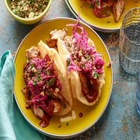 Yucatan Chicken Puffy Tacos with Peanut-Red Chili BBQ Sauce and Red Cabbage Slaw image