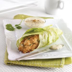 Salmon Lettuce Wraps With Grainy Mustard Mayonnaise Dip image