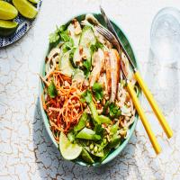 Rice Noodles with Peanut Sauce, Chicken, and Snap Peas image