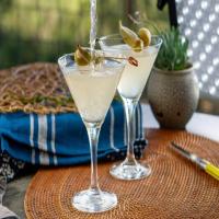 Vesper Martinis with Blue Cheese Stuffed Olives and Pickled Okra image
