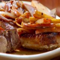 Mashed Sweet Potatoes, Pork Chop with Cider Gravy, Sauteed Apples and Onions image