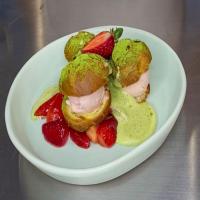 Strawberry Ice Cream Profiteroles with Green Tea Sauce image