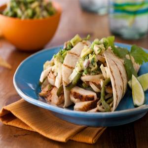 Spice-Rubbed Chicken Breast Tacos with Grilled Poblanos, BBQ Onions and Coleslaw image