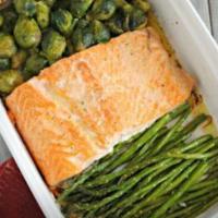 Salmon Bake With Asparagus and Brussel Sprouts image