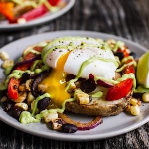 Tex-Mex Eggs Benedict with Grilled Potato Slabs and Avocado-Lime Hollandaise image