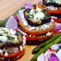 Grilled Eggplant Stacks With Goat Cheese, Tomato and Basil Sauce image