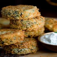 Potato, Salmon and Spinach Patties With Garlicky Dill Cream image