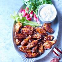Sticky bourbon BBQ wings with blue cheese dip image