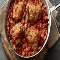 Skillet Chicken Thighs With Fire-Roasted Tomatoes and Smashed White Beans image