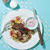 Grilled Lamb Loin With Tomato and Cucumber Raita and Israeli Couscous_image