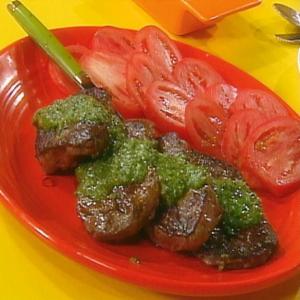 Flat Iron Steaks with Great Green Sauce and Nutty 