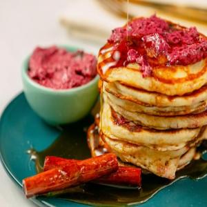 Buttermilk Pancakes with Blackberry-Blueberry Butter and Cinnamon Maple Syrup image