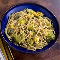 Whole Grain Thin Spaghetti with Brussels Sprouts, Zucchini and Yellow Squash image