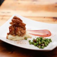BBQ Meatloaf with Creme Fraiche Potatoes, Brown Butter Peas with Shallots and Red Onion Rings_image