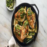 Skillet Chicken and Zucchini With Charred Scallion Salsa image