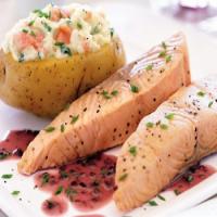 Salmon with Beurre Rouge and Smoked-Salmon-Stuffed Baked Potato_image