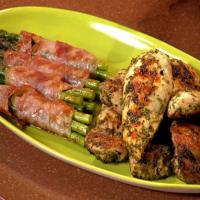 Lemon-Garlic-Herb Chicken with Grilled Prosciutto Wrapped Asparagus and Pesto 3 Bean Salad image