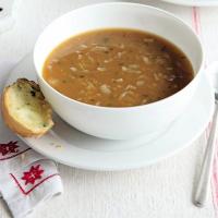 Onion soup with herby garlic cheese bread image