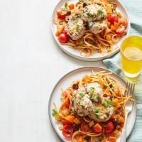 Parmesan pork with tomato & olive spaghetti image