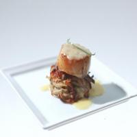 Spiced Seared Scallops with Potato-Pear Pancake and Champagne Beurre Blanc_image