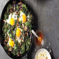 Fried Eggs with Greens and Mushrooms image