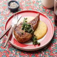 Pork Chops with Roasted Kale and Walnut Pesto image