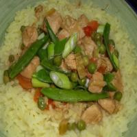 Chicken in Peanut Curry With Saffron Rice and Snow Peas image