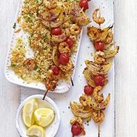 Harissa prawn skewers with carroty couscous image