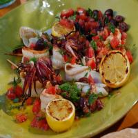 Charcoal Grilled Shrimp and Calamari with Grilled Lemons and Smoked Tomato-Black Olive Relish_image