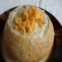 New England Clam Chowder Soup in a Bread Bowl_image