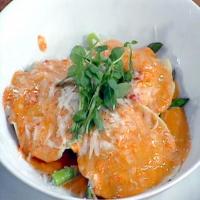 Lump Crabmeat Ravioli with Red Pepper Cream Sauce and Asparagus image