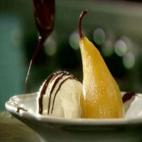 Vanilla Poached Pears with Chocolate Sauce and Ice Cream (a.k.a. 