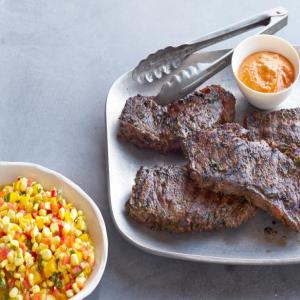 Buffalo Steaks with Pickled Corn Salad and Hottish Sauce_image
